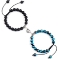 Tiger eye and matte stone couple bracelets with magnetic heart charm and black cords - Lava Stone + Blue Tiger Eye