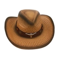 Brown gradient western cowboy straw hat with leather band and silver bull head emblem - Khaki 3 (Brown Bull)