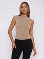 Detailed close-up of a khaki slim-fit mock neck sleeveless top on a fashion model - S / Tops / Khaki