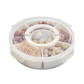 Transparent round food storage box with 8 white compartments filled with various nuts and snacks - PP 6 Compartments Non-Rotating