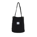 Black corduroy tote bag with vintage metal snaps and nature leaf square label - Black