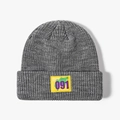 Grey ribbed knit beanie with yellow graphic patch featuring 091 and text detail - Marl Grey