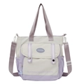 Large purple and beige canvas tote bag with adjustable strap and front flap pocket - White and Purple