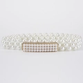 Elegant three-row white faux pearl waist chain with a golden rectangular buckle - Gold Rectangular Rhinestone Buckle