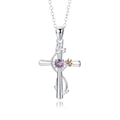 Silver steel cross necklace with purple birthstone and rose gold leaf detail - Cross February Violet