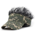 Detailed side view of green digital camo baseball cap with fuzzy grey synthetic hair on top - Digital Green and Gray