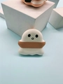 Ghost-shaped marshmallow makeup puff in soft white plush with cute face and brown band - Ghost 6 (Brown Ribbon)