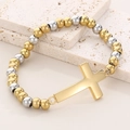 Bracelet religieux à perles dorées et argentées avec breloque croix en métal - Croix Polie Bicolore (KB56182-Z)