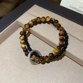 Detailed close-up of double-layer tiger eye and black bead bracelet with silver ornament - Double Layer Vintage Silver Ring Tiger Eye Black Bead Style (Style 4)