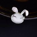 Silver rabbit brooch with white opal cat eye stone and sparkling zircon ears - Rabbit Shape Silver (60191A)