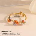 Adjustable golden stainless steel ring featuring colorful bead flower charms for women - 923G-5 / Multicolor Flower