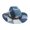 Cappello da cowboy in denim patchwork con fascia in pelle borchiata e stemma argento - Blu Chiaro (M Denim Patchwork)