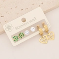 Detailed set of stainless steel heart charms, green floral studs, and zircon earrings - Green Flower Rhinestone Heartbeat Earring Combination (E516) / 3 Pairs Set
