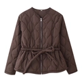 Detailed view of brown quilted jacket featuring a full zipper and waist belt detail - S / Coffee
