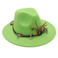 Detail of neon green fedora hat featuring ethnic colorful beads and natural seashells - Fruit Green