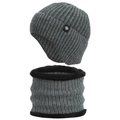 Grey winter knitted beanie hat and neck warmer set for men with warm fleece lining - Dark Grey Set