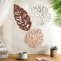 Three-piece laser cut wooden tropical leaf wall art set displayed in a minimalist living room - KY2064/3Pcs Set/Mixed Wood