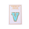Detail of sky blue chenille letter V patch with gold sequins and self-adhesive back - Light Blue Letter V