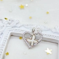 Silver heart pendant with butterfly shell inlay and sparkling crystals on white background - Butterfly Heart / Silver
