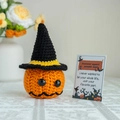 Handmade orange crochet pumpkin with black wizard hat and emotional support card - C Pumpkin Head + Knitted Hat + Card