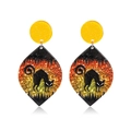 Macro detail of Halloween earrings with black cat silhouette on orange glitter acrylic background - Orange Yellow Gradient Black Cat Rhombus Style (CE00316)