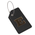 Custom black leather luggage tag featuring a gold embossed letter E with wire loop - Letter E