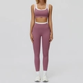 Women's pink ribbed yoga set with white contrast trim high waist leggings and sports bra - S / Top And Bottom (Bra + Long Pants) / Violet