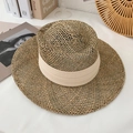 Handgefertigter Strohhut aus Seegras in Khaki mit beigem Band für den Strandurlaub - Erwachsene (56-58CM) / Beige