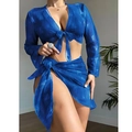 Blue metallic pleated bikini set with long sleeve crop top and wrap skirt - S / Blue