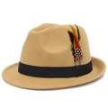 Classic camel wool felt fedora with black grosgrain ribbon and colorful feather trim - One Size(58cm) / Khaki