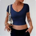 Deep blue v-neck slim fit cropped t-shirt for women in soft elastic fabric - 2XL / Navy Blue