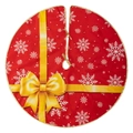 Red Christmas tree skirt featuring white snowflakes and a large yellow bow print - 90cm / Red Gold Bow