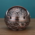 Bronze dragon and phoenix embossed metal ashtray with lid for home decor - Red Copper Dragon and Phoenix