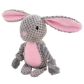 Gray crochet bunny dog chew toy with durable cotton rope limbs and pink fabric accents - Rabbit