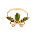Servilletero de árbol de Navidad dorado con acebo verde esmaltado y brillantes cristales - Hoja de Acebo Lazo / Dorado