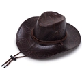 Detail of dark brown western cowboy hat with leaf texture embossing and windproof cord - Coffee