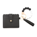 Black pebbled leather card holder with marble beaded wristlet and tassel keychain - Black