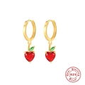 Detailed macro shot of S925 sterling silver cherry earrings with red heart stones - Gold-Apple