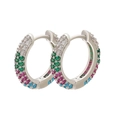 Close-up of luxury hoop earrings with multi-colored pavé crystals and 925 silver finish - Platinum Multi Zirconia