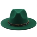 Close-up of the woven band with turquoise beads on a dark green wide brim fedora - Grass Green