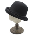 Elegant black knit bucket hat with leather strap and golden buckle on white background - M(56-58cm) / Black