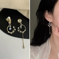 French vintage asymmetric gold earrings with blue gemstones and white pearls for women - Moon and Stars