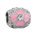 Pink enamel flower bead charm with center crystal stone in polished silver finish - Pink Enamel Flower Zirconia (017)