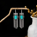 Vintage silver owl earrings with turquoise stones and long metal chain tassels - E5942/Owl Retro Blue Bead Tassel