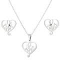 Detail view of heart music note jewelry set with silver pendant necklace and stud earrings - Music Note Silver