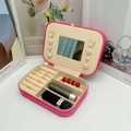 Portable rose red PU leather jewelry box with makeup mirror and lipstick storage slots - Medium Zipper Mirror Style / Rose Red