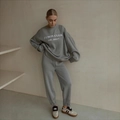 Lazy-style grey-blue knit sweater and joggers set featuring white varsity chest embroidery - S / Gray