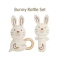 Beige organic cotton baby rattle set with wooden ring and moon rabbit embroidery - Rabbit Style Organic Cotton Rattle Set