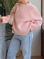 Women's casual pink long sleeve knit sweater pullover paired with light blue jeans - S / Pink