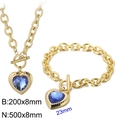 Golden stainless steel heart jewelry set with blue crystal pendants and toggle clasps - Gold 2-Piece Set - Blue Gem (KS197661-Z)